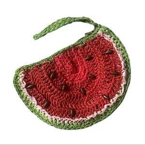 Watermelon Purse Woven Straw Drawstring Clutch Wristlet Tropical Bag Fruit Sack